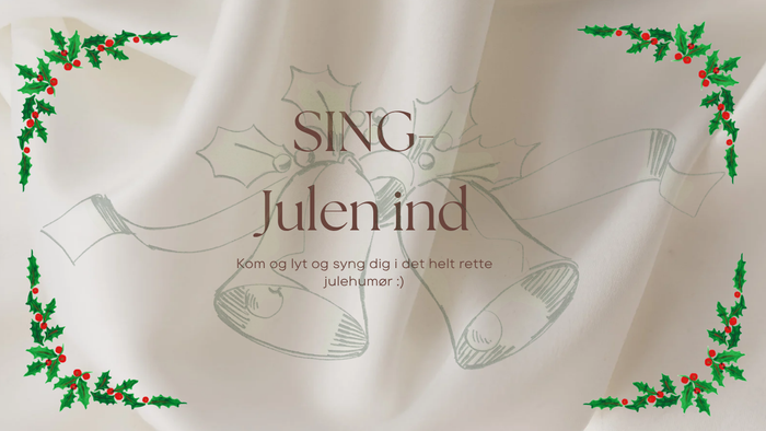 Billedet viser et juleinspireret design med juleklokker og kristtorn, og teksten 