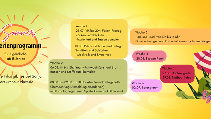 Ferienprogramm für Jugendliche und Erwachsene mit verschiedenen Aktivitäten wie Fahrradfahren, Basteln, Sport und Ausflügen.