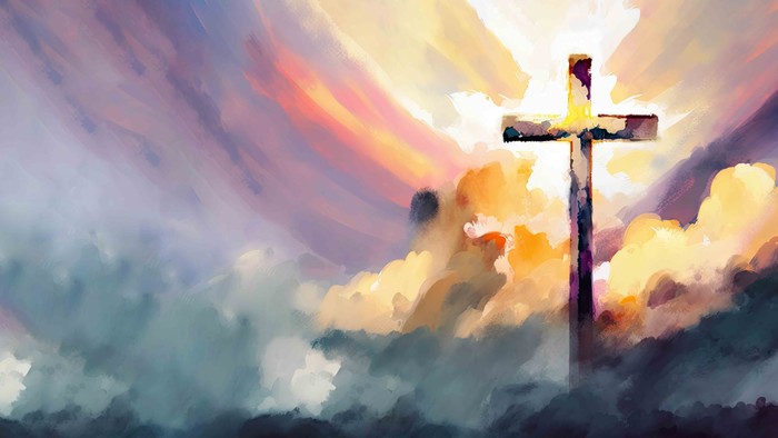 Une croix se dresse au milieu d'un ciel nuageux et coloré.