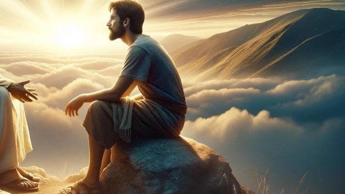 Une scène sereine où Jésus tend la main à une personne lors d’un moment de conversation spirituelle au sommet des montagnes.