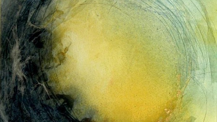 Des tourbillons d'aquarelle abstraits créent une scène cosmique ou céleste onirique et lumineuse, aux teintes douces et fluides.