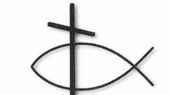 Das Bild zeigt ein christliches Fisch-Symbol mit einem Kreuz.