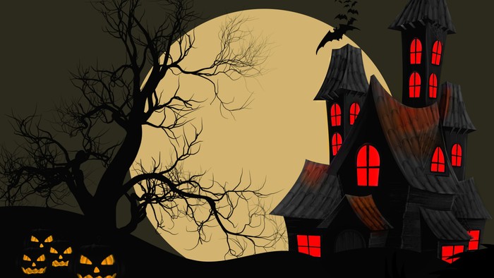 En spøgelsesagtig slot med røde vinduer og en kæmpe ufuldkommen måne bag.