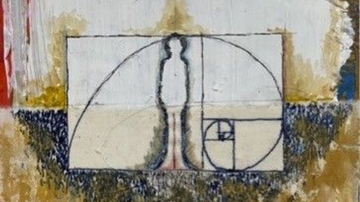 Maleri med geometrisk figur og stående figur