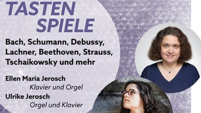 Plakat für ein Kirchenmusik-Konzert 2026 mit Klavier- und Orgelvorträgen von Ellen Maria und Ulrike Jerosch in Essen.