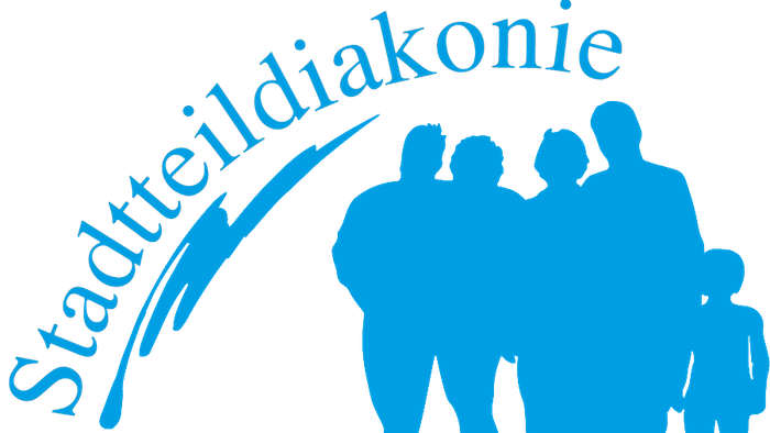 Stadtteildiakonie Bahrenfeld mit blauer Silhouette einer Gruppe von Menschen