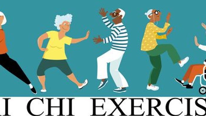 Illustrierte Senioren, die dynamische Tai-Chi-Übungen für Fitness und Beweglichkeit ausführen, darunter eine Person im Rollstuhl.
