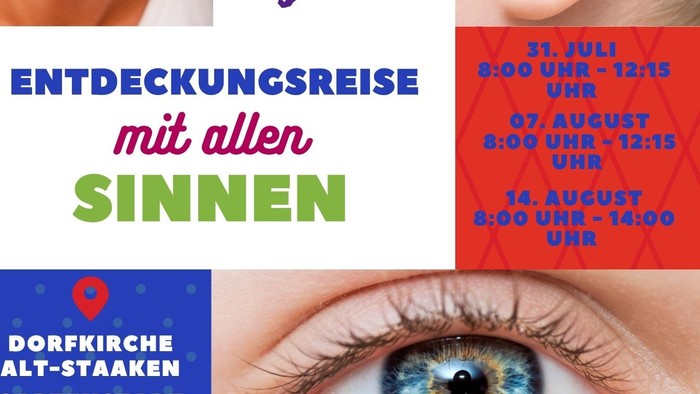 Das Bild zeigt verschiedene Körperteile und Informationen zur Entdeckungsreise mit allen Sinnen.