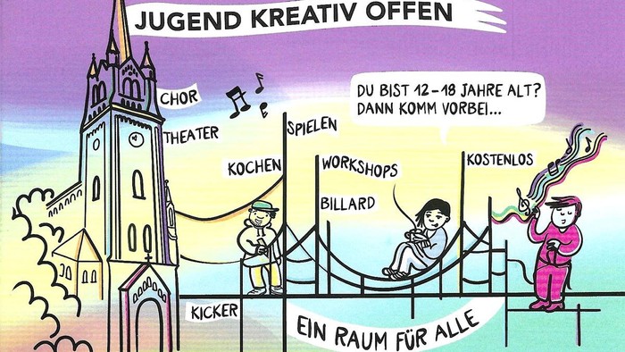 Titelseite eines Flyers. Jugend Kreativ Offen. Gezeichnete Vorderfront der Magdalenenkirche und 3 Jugendliche innerhalb von verschieden gestalteten Textfeldern.