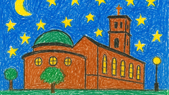 Billedet viser en kirke med klokketårn og stjerner på nattehimmel