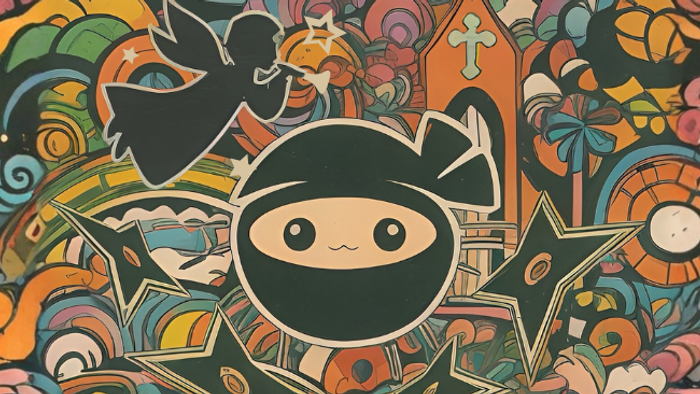 Livlig, fantasiful illustration med en glad ninja midt i et farverigt, kaotisk baggrund fyldt med blomster og genstande.