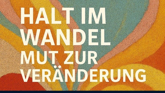 Plakat mit Titel, Datum, Uhrzeit, Kurzbeschreibung Hintergrund Retromuster gelb orange graugrün