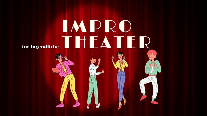 4 Personen spielen Theater miteinander im Hintergrund ein roter samt Vorhang mit Scheinwerferlichtkreis