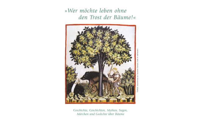 Das Bild zeigt einen Baum mit einem Haus darunter und ist von einem roten Rahmen umgeben