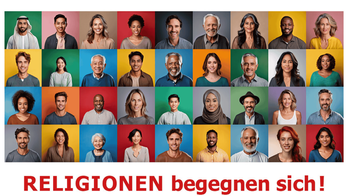 Verschiedene Menschen, die vor farbenfrohen Hintergründen lächeln und religiöse Begegnungen und Einheit fördern.