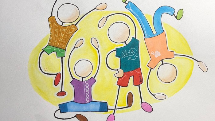 Bunte, abstrakte Cartoonfiguren, die fröhlich in einer lebendigen, dynamischen Szene tanzen.