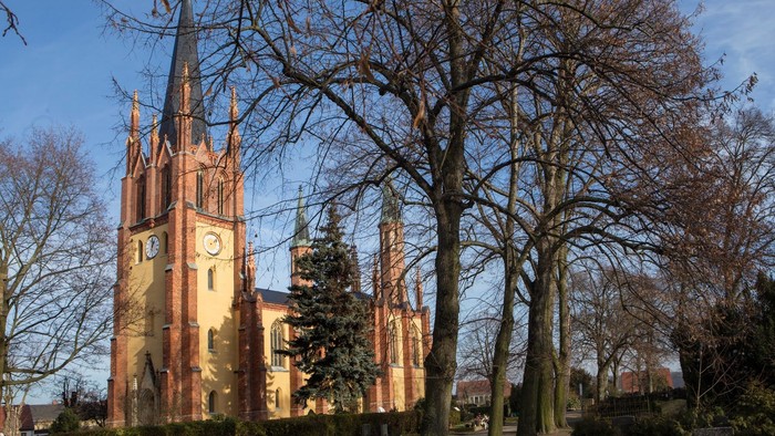 Eine große Backsteinkirche mit Zwillingstürmen erhebt sich zwischen kahlen Bäumen unter einem klaren Himmel.