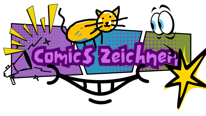 eine gezeichnete Katze in Gelb ein Stern, ein Megaphone, ein lachender Mund, Comics zeichnen als Schrift
