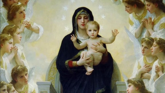 Ein Bild zeigt die Muttergottes mit dem Jesuskind, umgeben von Engeln.