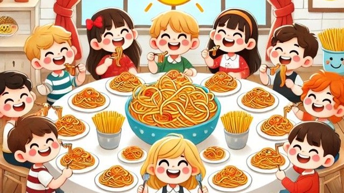 Børn der spiser spaghetti