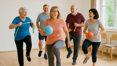 Sportgruppe mittleren Alters mit Bällen und Bändern in Bewegung