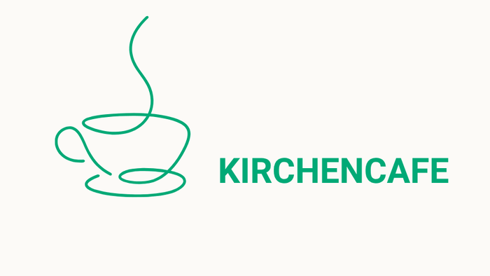 Eine grüne Zeichnung einer Teetasse mit Dampf und dem Text „KIRCHENCAFÉ“ in Grün.
