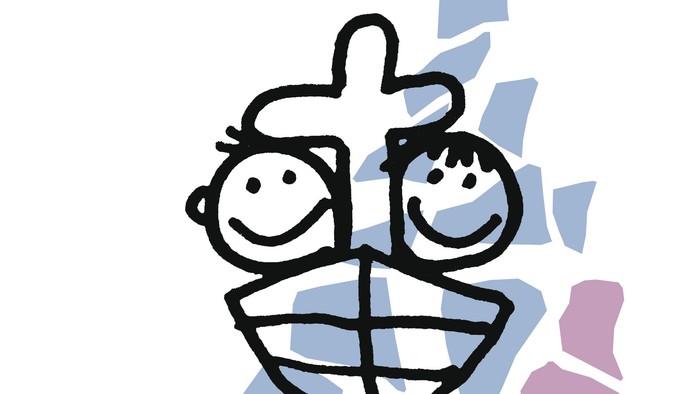 Eine cartoonhafte Illustration mit dem Text „Kirche mit Kindern“.