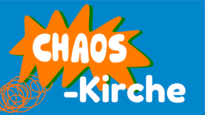 Bunter Logo-Design mit Explosions- und Wirbelmotiven für "Chaos-Kirche"