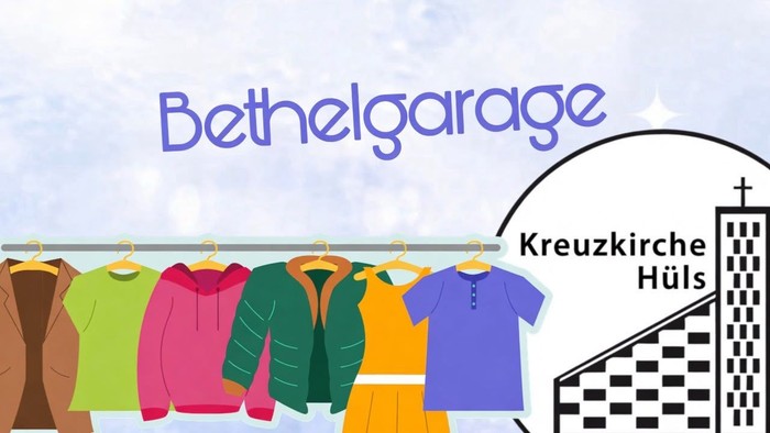 Bunte Kleiderständer-Ausstellung mit „Bethelgarage“- und „Kreuzkirche Hüls“-Branding in einem fröhlichen Grafikstil.