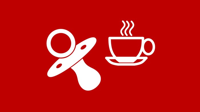Et symbol af en suge og en kaffekop på rød baggrund