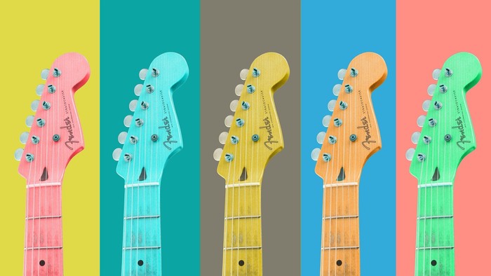 Bunte E-Gitarrenköpfe in verschiedenen Farben