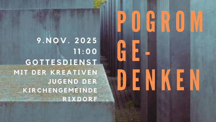 ein Bild der Berliner Jüdische Gedenkstätte ungleich große Beton Steine schmale wege und die Beschriftung zur Einladung zum Pogromgedenken am 9.11.25 um 11 Uhr in der evangelischen Kirchen Gemeinde rixdorf Karl-Marx-str.201