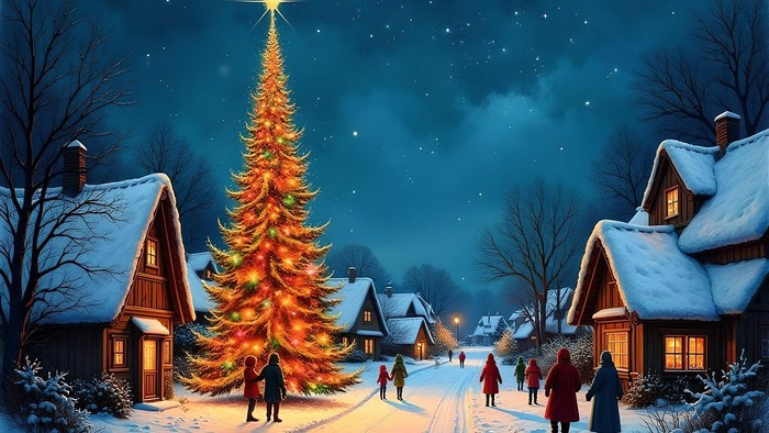 En vinternatt i en lille landsby med en stor belyset juletree og folk som går på vejen