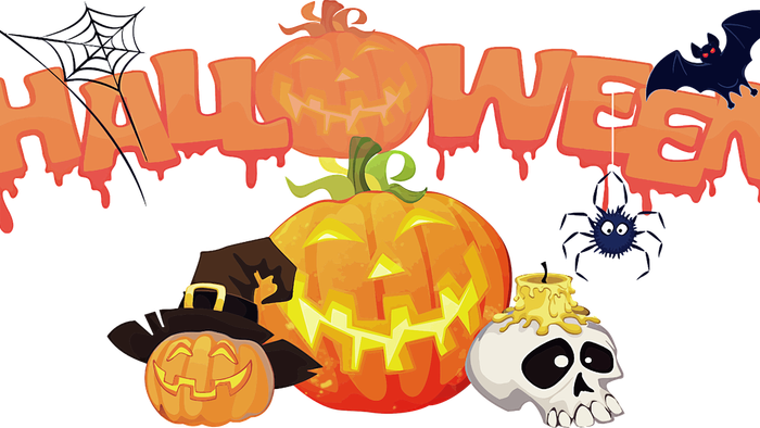 Halloween-illustrasjon med pumper, skalle og spøkelse.