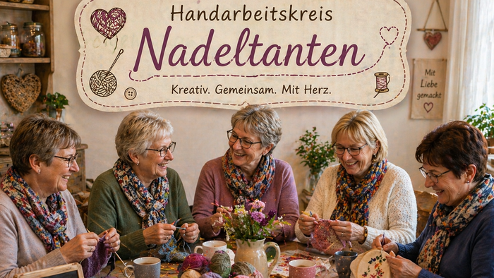 Eine Gruppe von Frauen, die gemeinsam bei einer gemütlichen Handarbeitsveranstaltung namens „Handarbeitskreis Nadeltanten“ stricken.