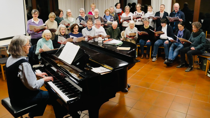 Eine Gruppe älterer Menschen singt gemeinsam, während ein Pianist sie in einem gemütlichen Raum begleitet.