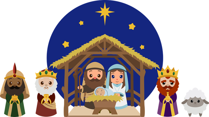 Julehistorie med Jesusbarn, Maria, Josef og tre koner.