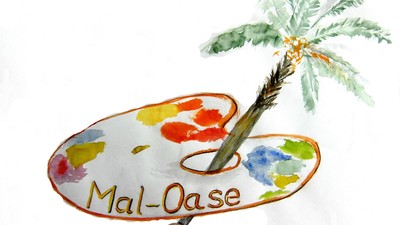 Ein Palmenbaum wächst aus einem Pinsel, der auf einer Palette mit Farben liegt, darunter "Mal-Oase" steht