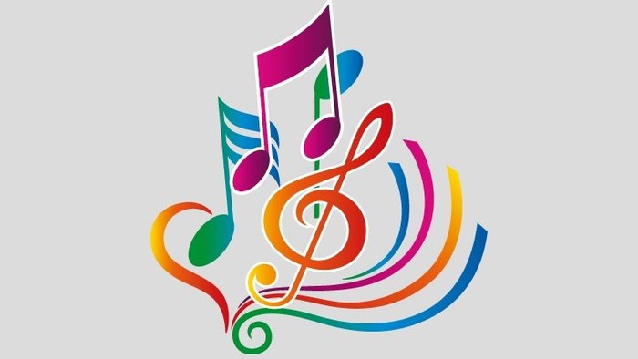 Bunte Musiknoten und Symbole in dynamischer Darstellung