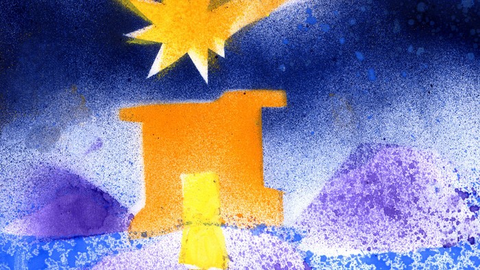 Verspielte Aquarellszene mit einer strahlenden Sonne, einem Haus und kosmischen Sternen über einer traumhaften Landschaft.