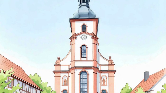 Bezaubernde historische Kirche mit Uhrturm und klassischer europäischer Dorfarchitektur in der Umgebung.