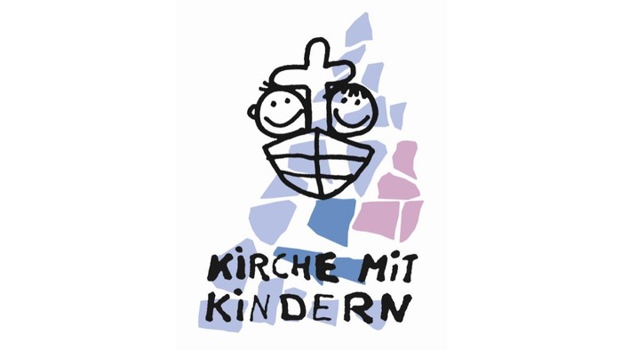 Ein lustiges Cartoon-Gesicht mit großen Augen und breitem Grinsen, umgeben von bunten Formen und dem Text