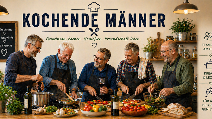 Gruppe von Männern, die fröhlich gemeinsam mit frischen Zutaten kochen und Teamwork und Freundschaft in der Küche betonen.