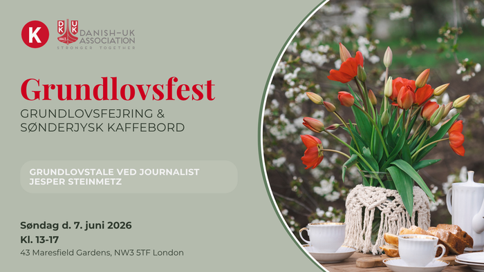 Plakat til Grundlovsdagsfejring med kaffebord, blomster og detaljer om journalistforedrag.