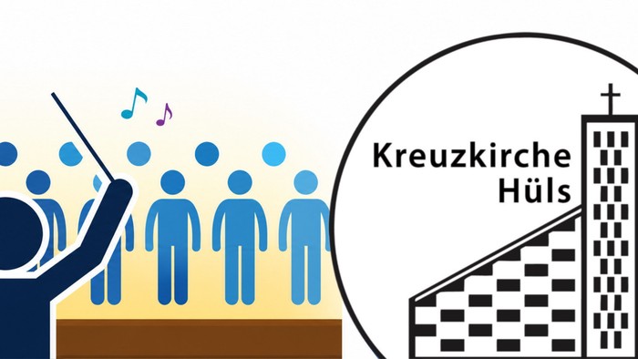 Ein Dirigent leitet einen Chor vor dem Kirchengebäude der Kreuzkirche Hüls mit musikalischen Noten darüber.