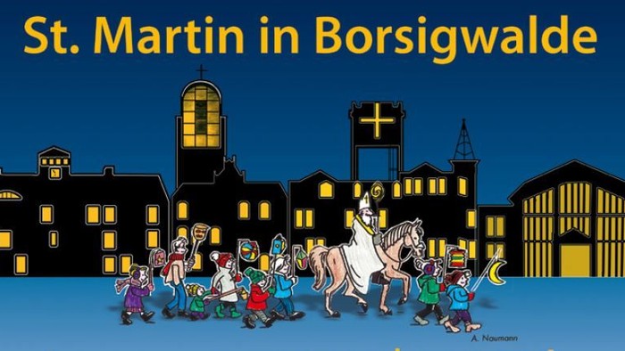 St. Martin in Borsigwalde: Kinder ziehen mit Laternen und Esel durch Dorf bei Nacht