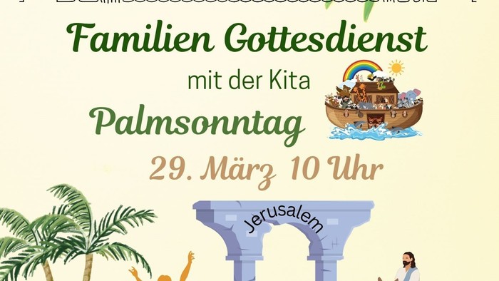 Szene des Plamsonntages, jubeldnde Menge, Stadttor und Jesus auf dem Esel