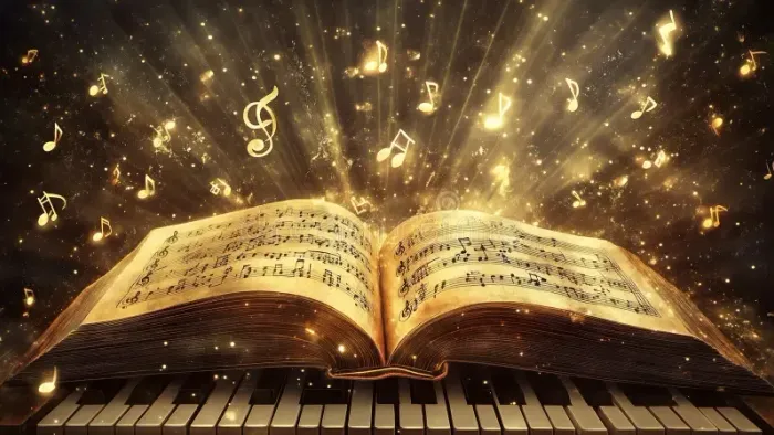 Et åbent noterbog med musiknoter flyvende ud af siden over et piano.