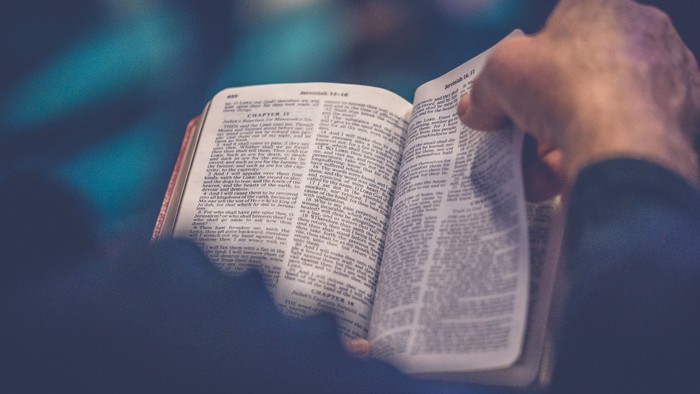 Person hält aufgeschlagenes Buch in den Händen