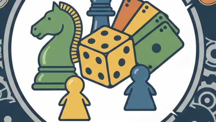 Spielabend-Logo mit Schachfiguren, Würfeln und Spielkarten sowie dem Schriftzug „Spieleabend“ für einen gemütlichen Spieleabend.